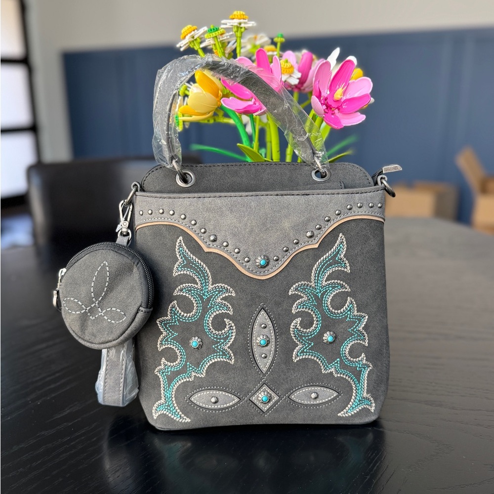 Montana West Embroidered Boot Scroll Top Handle Crossbody With Coin Pouch Black